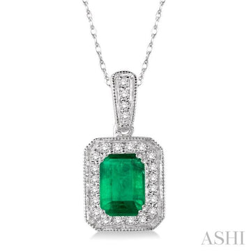 6x4 MM Emerald Shape Emerald and 1/5 Ctw Round Cut Diamond Pendant in 14K White Gold with Chain
